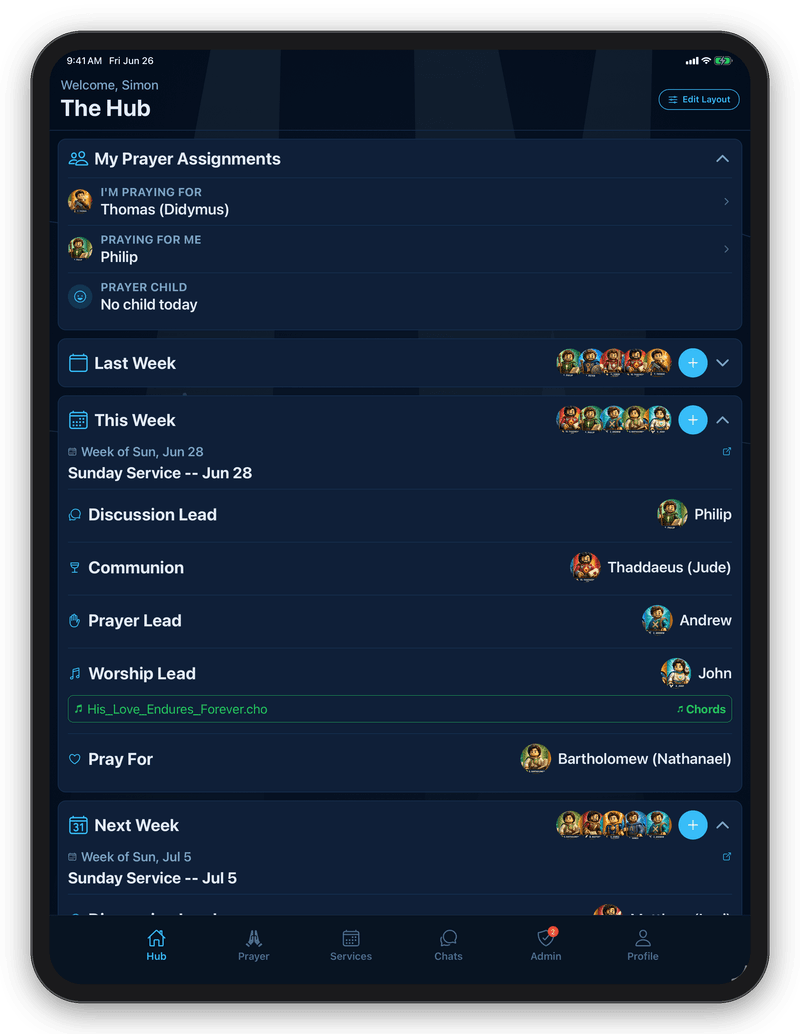 House of Prayer Hub screen showing daily prayer assignments and the weekly worship plan
