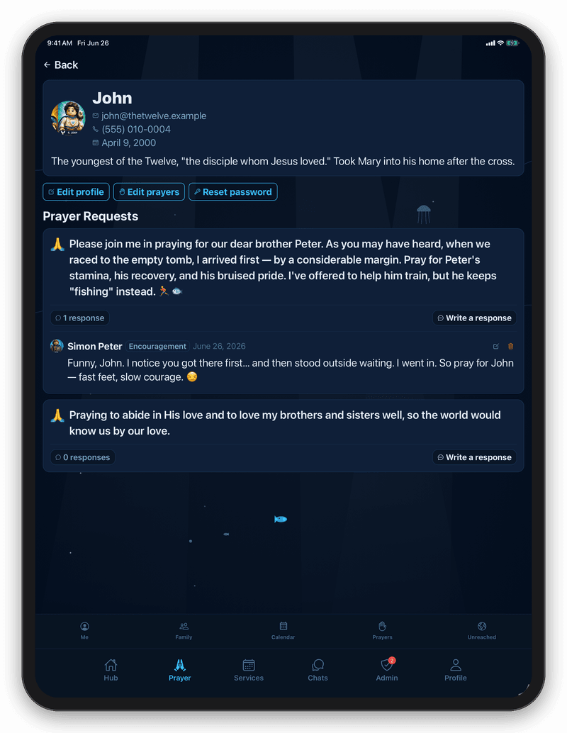 House of Prayer prayer requests screen showing members' requests and responses