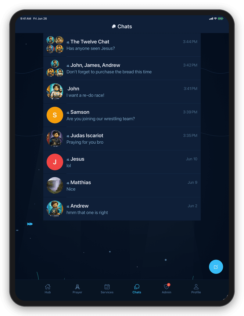 House of Prayer chats screen with group and direct community messaging