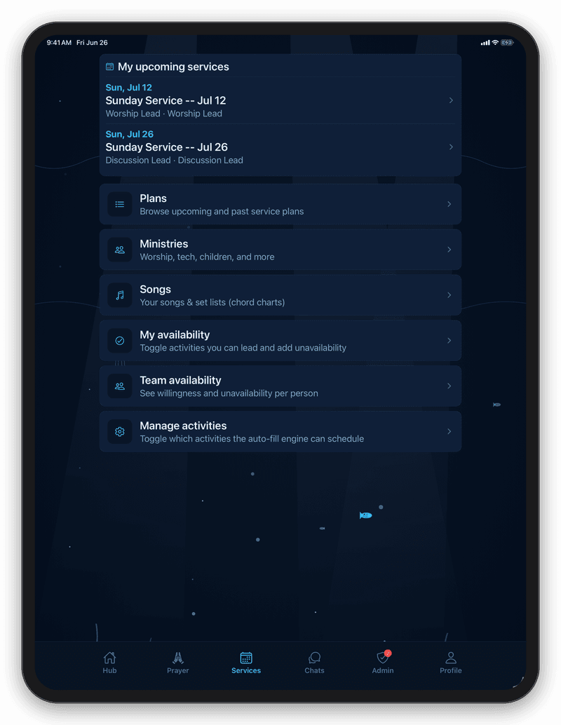 House of Prayer services screen for planning worship, ministries, songs, and availability