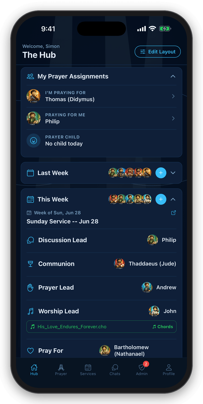 House of Prayer Hub on iPhone — daily prayer assignments and the weekly worship plan