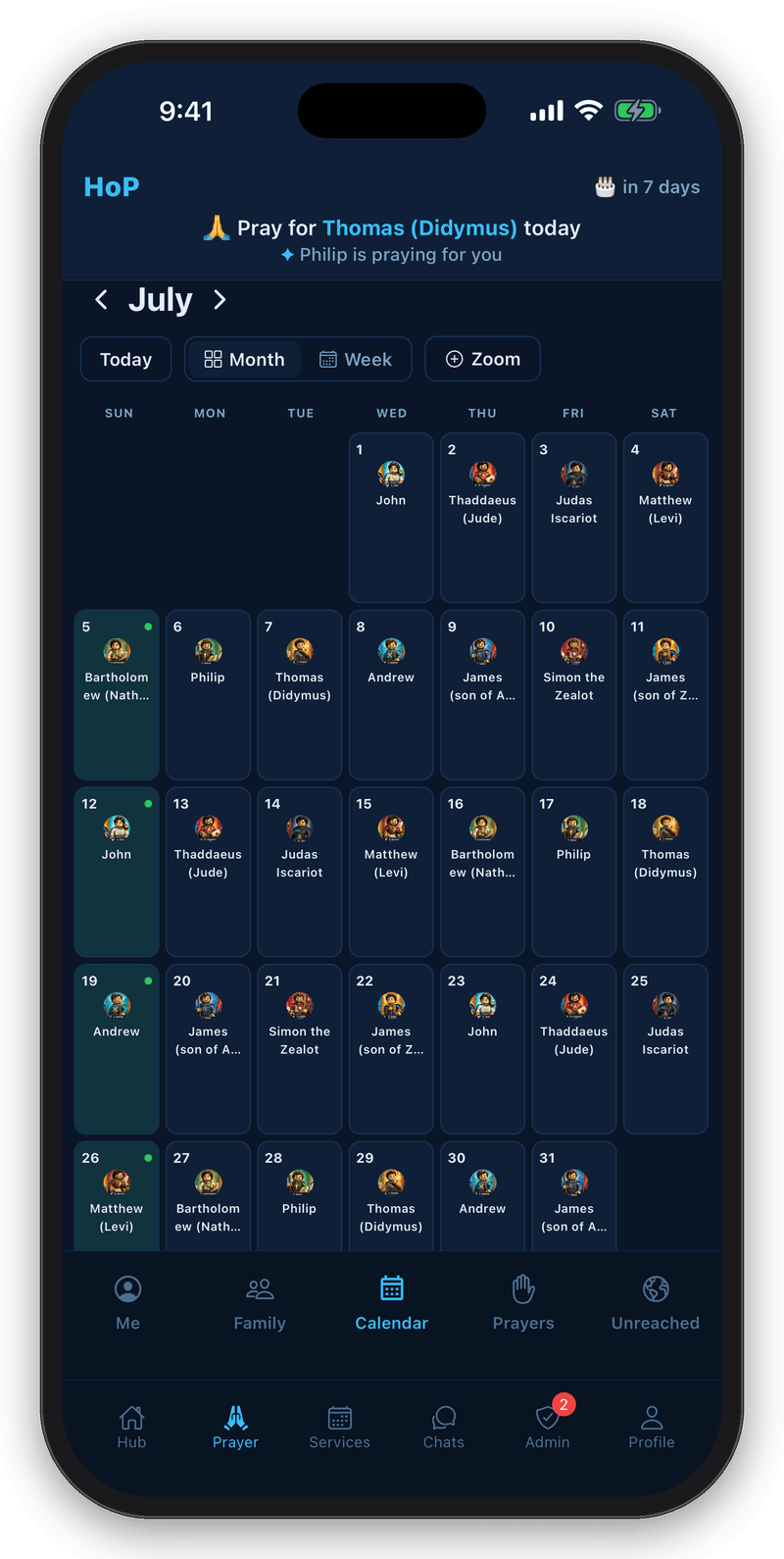 House of Prayer prayer calendar screen with a person to pray for each day