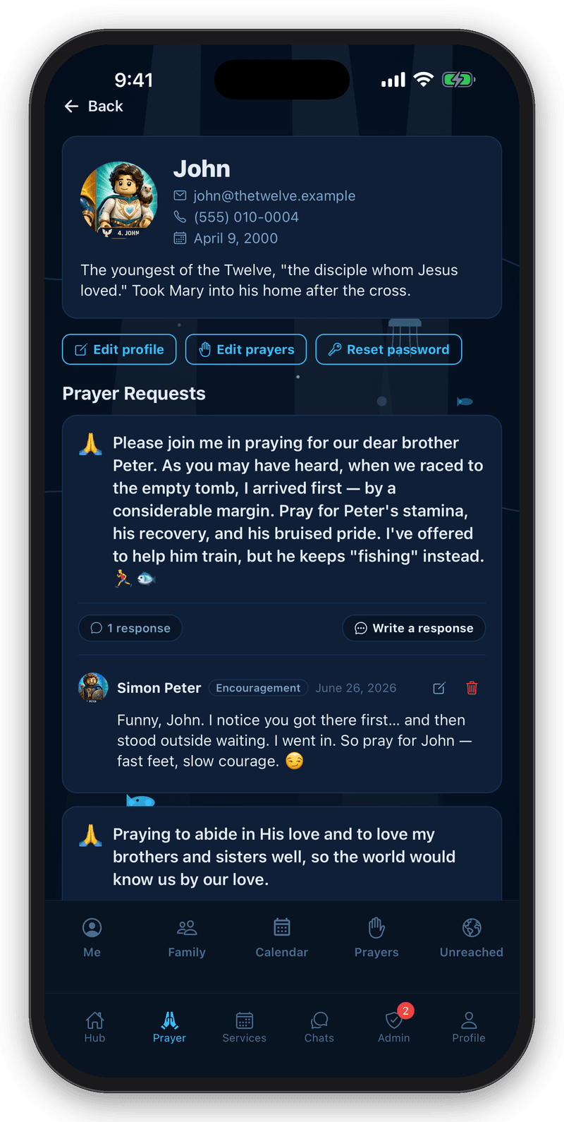 House of Prayer prayer requests screen showing members' requests and responses