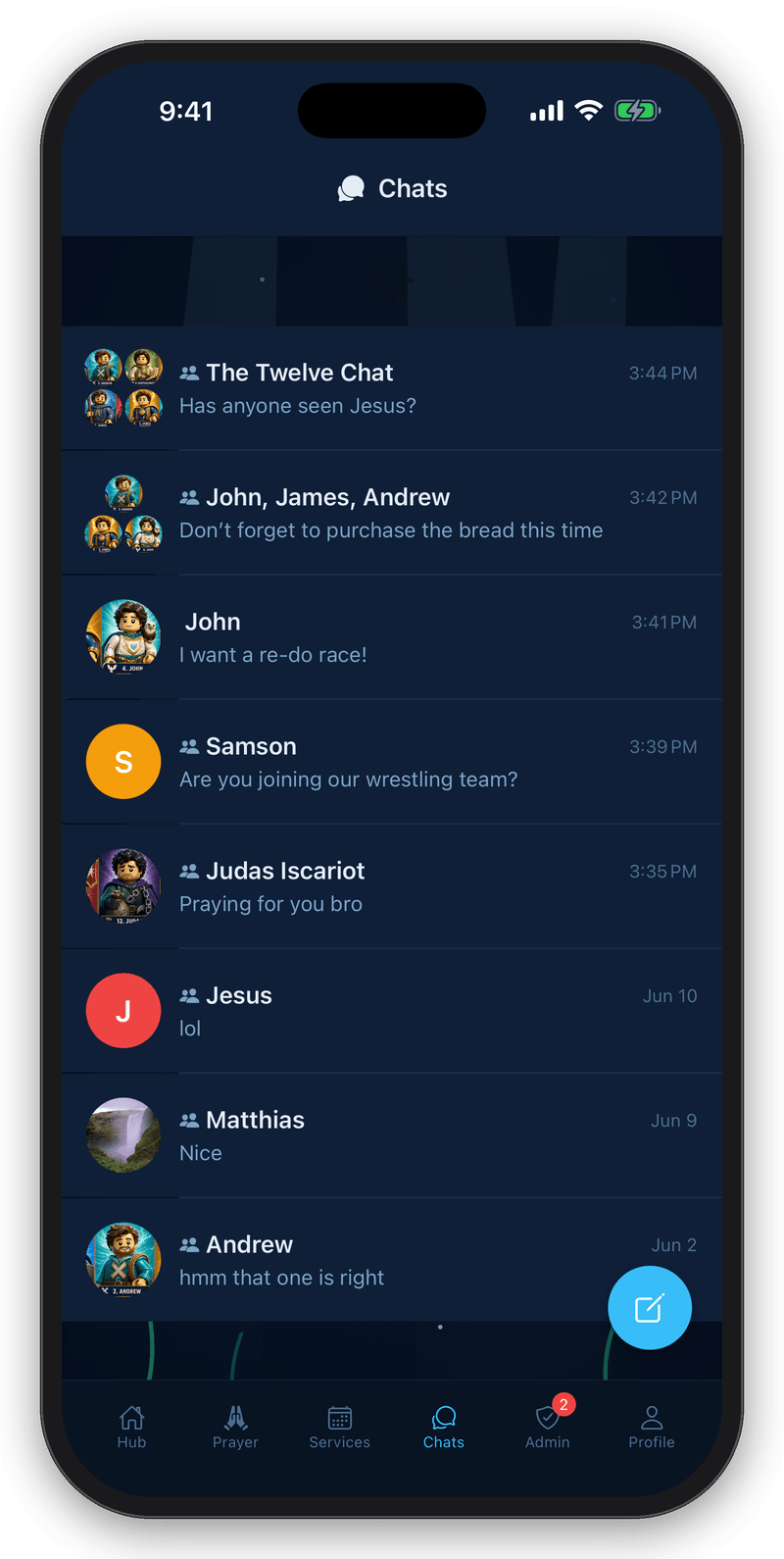 House of Prayer chats screen with group and direct community messaging