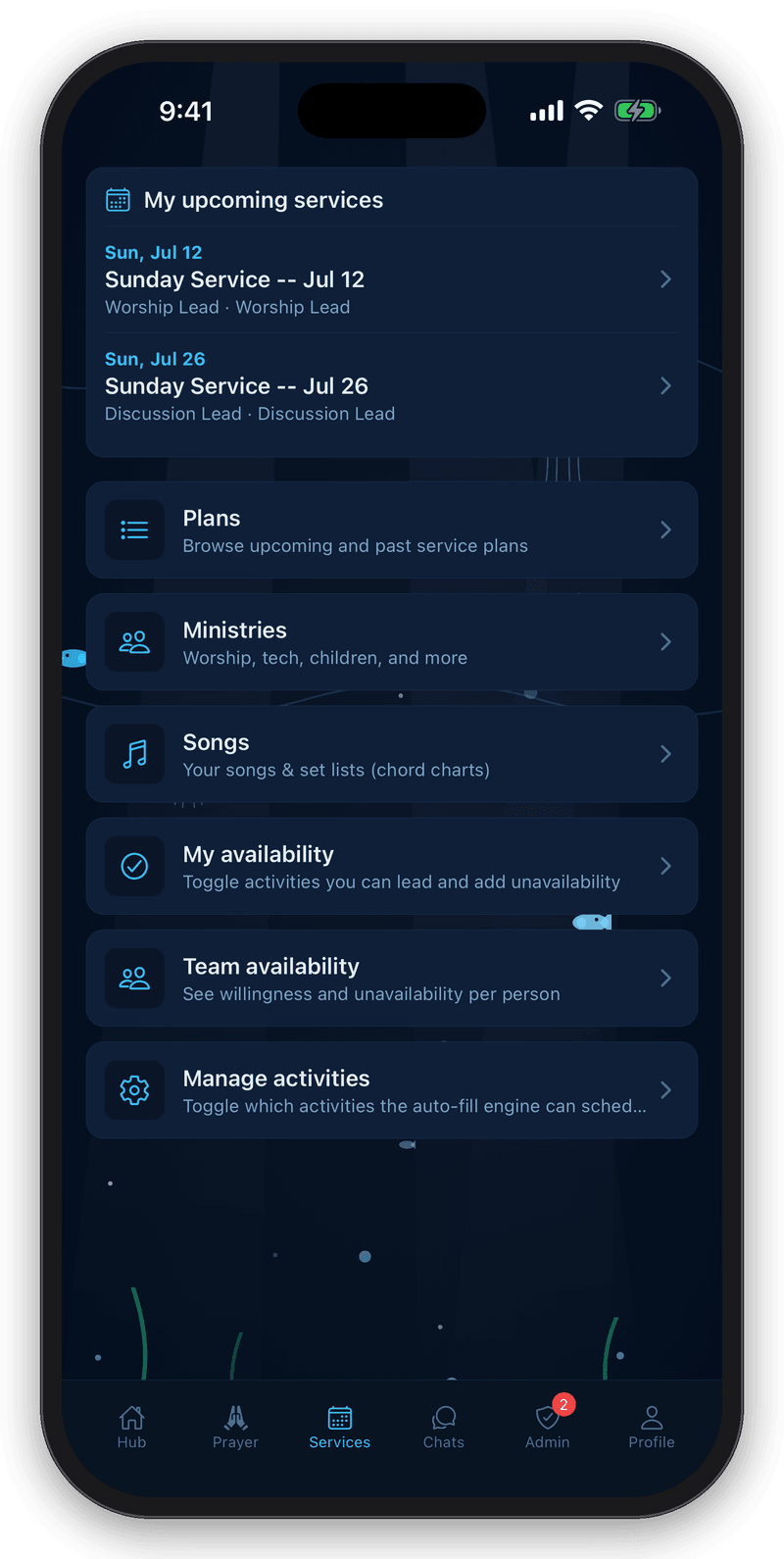 House of Prayer services screen for planning worship, ministries, songs, and availability